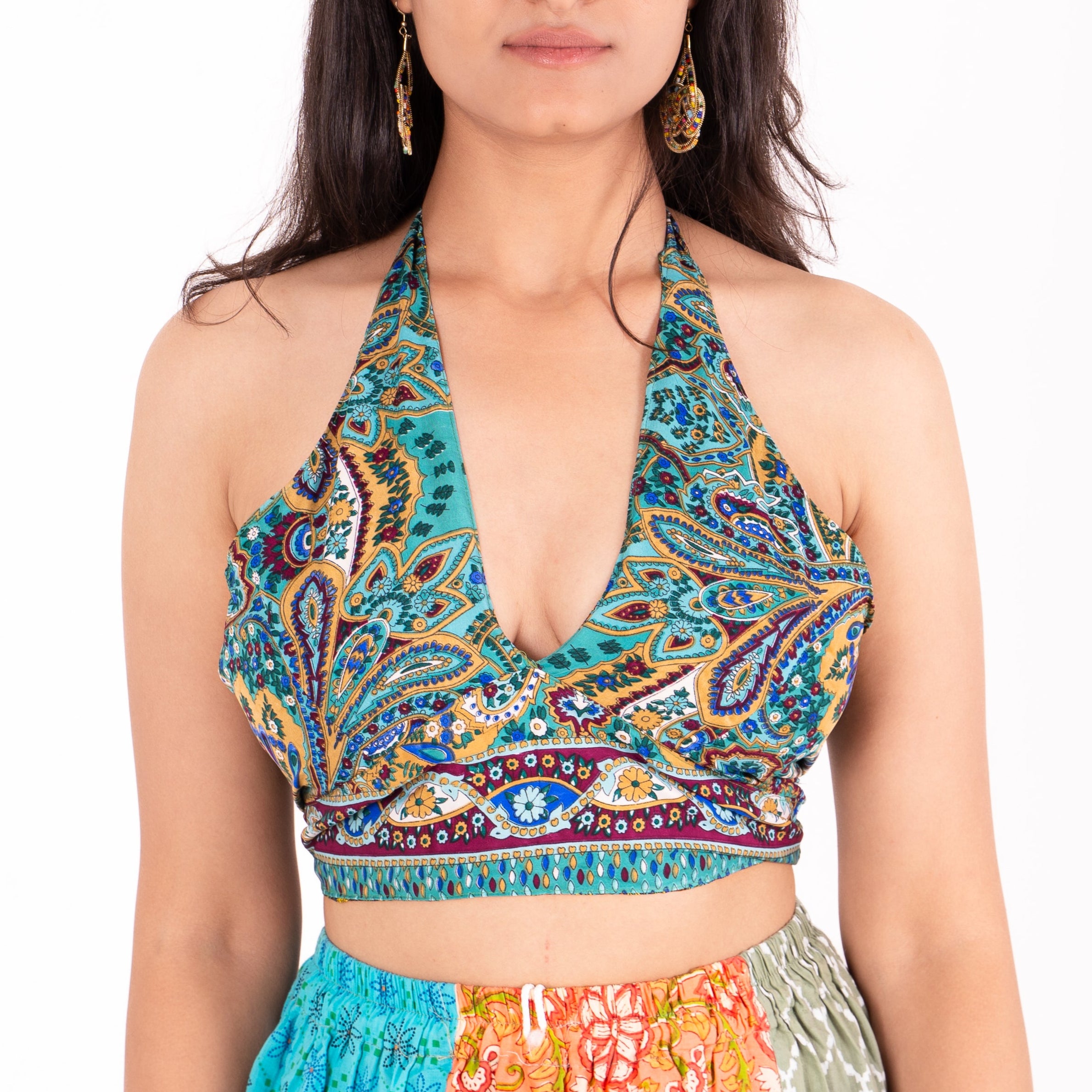 Green Aqua Paisley Halter Crop Top