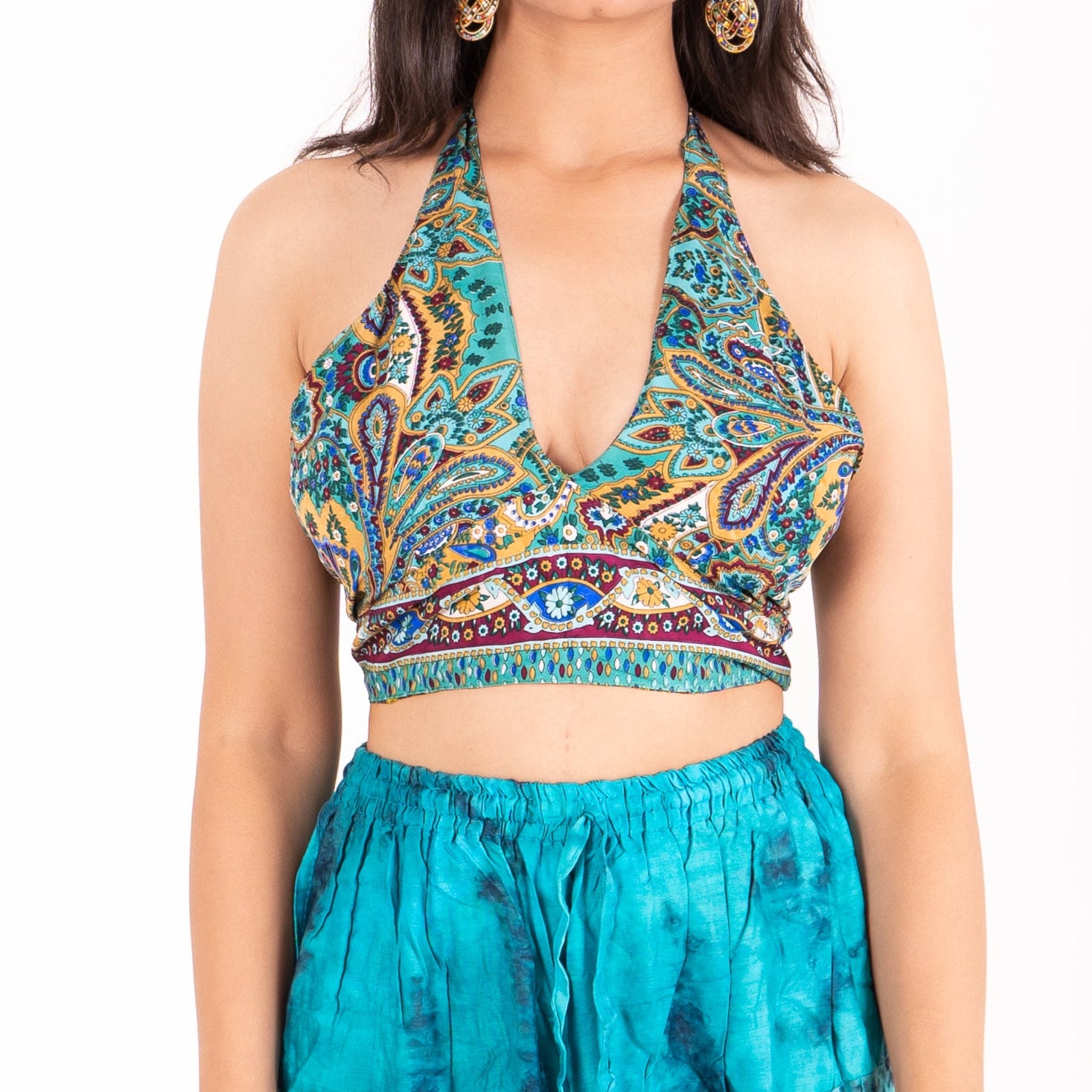 Boho Halter Neck Reversible Crop Top | Double-Sided | Multi-Pattern Design