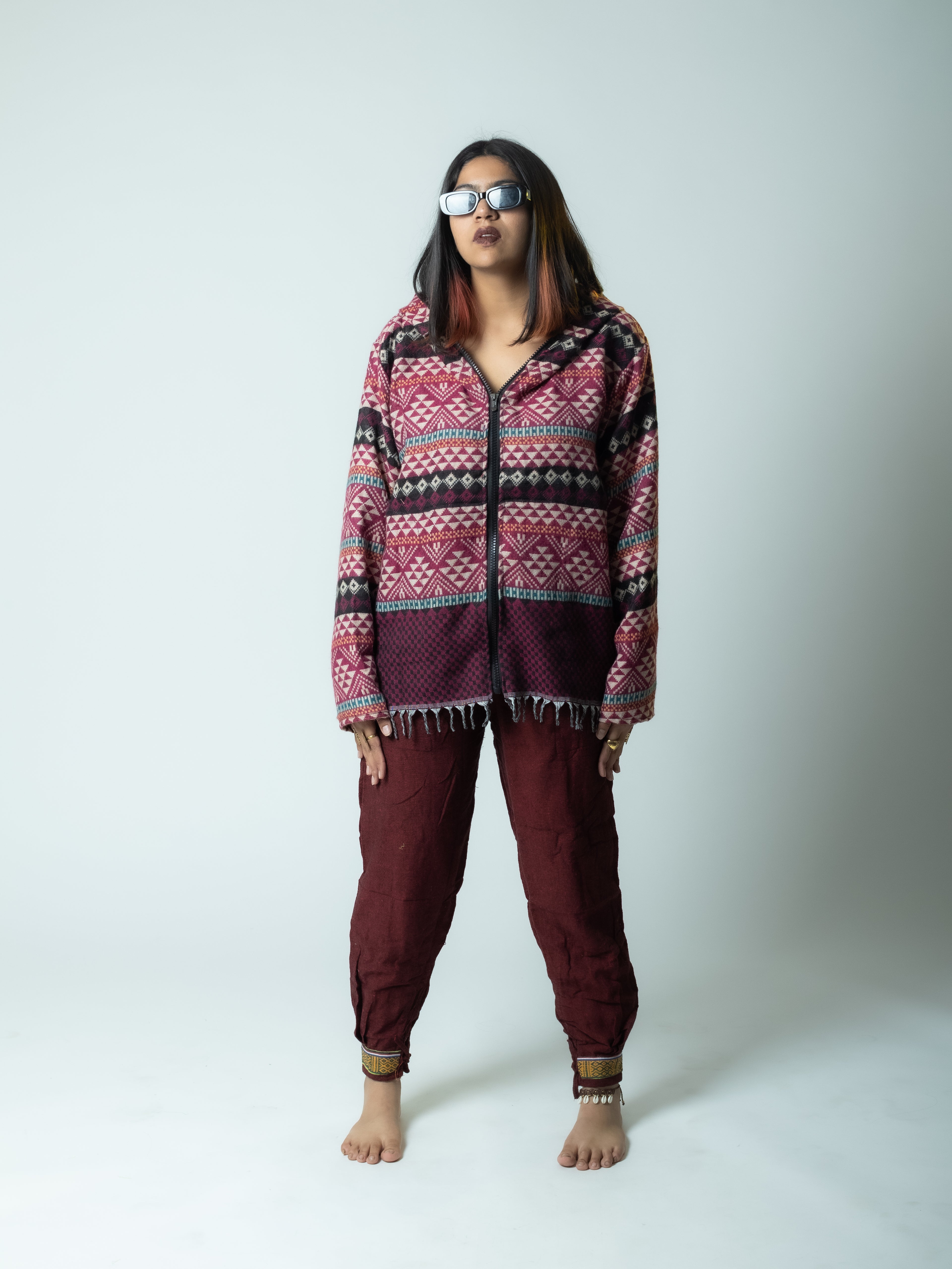 Bohemian Woolen Zipper Jacket | Sky of Pink | Winter Wear