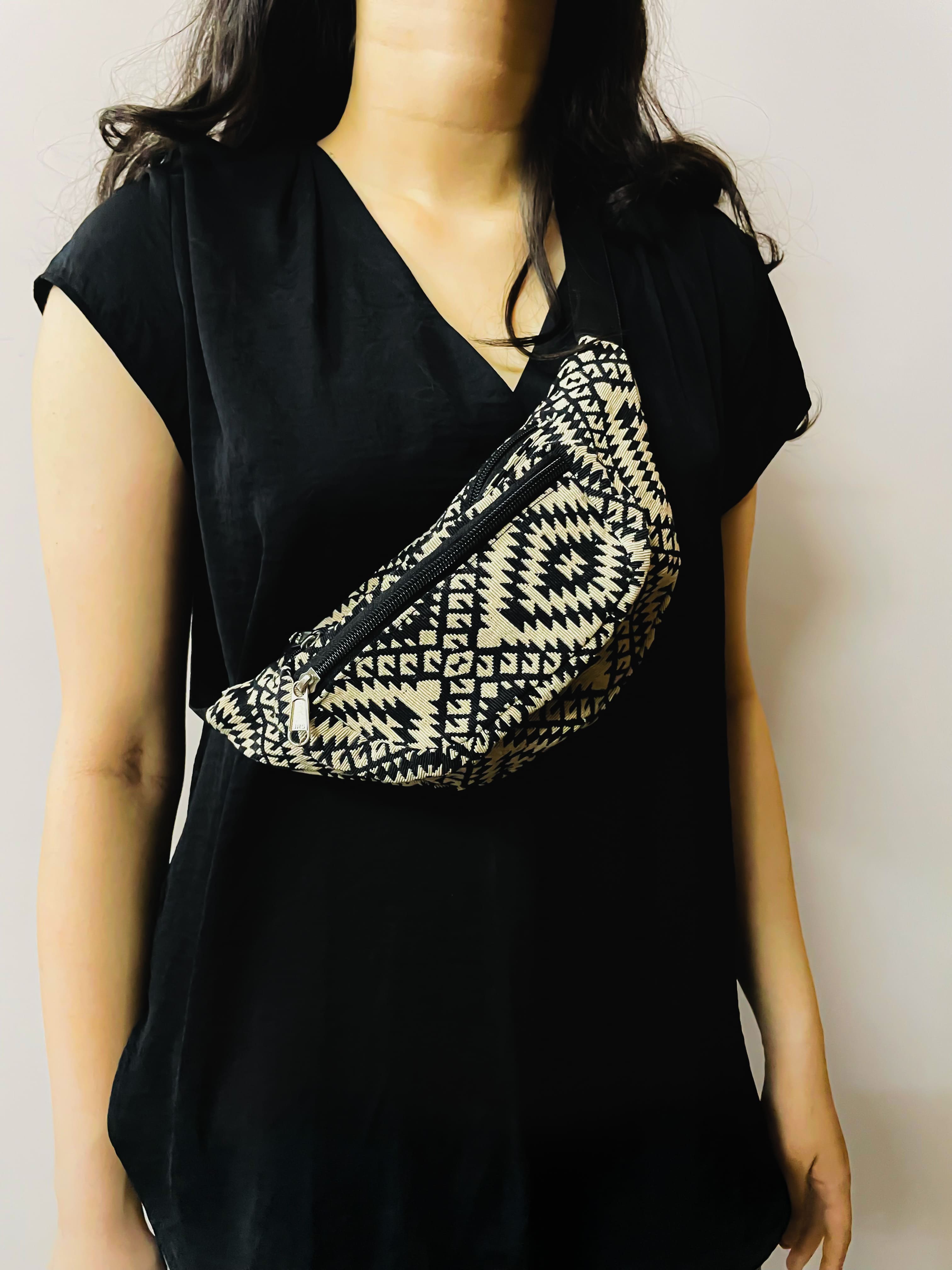 Black & Beige Hemp Crossbody Bag with Tribal Pattern