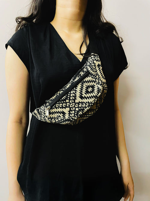 Black & Beige Hemp Crossbody Bag with Tribal Pattern