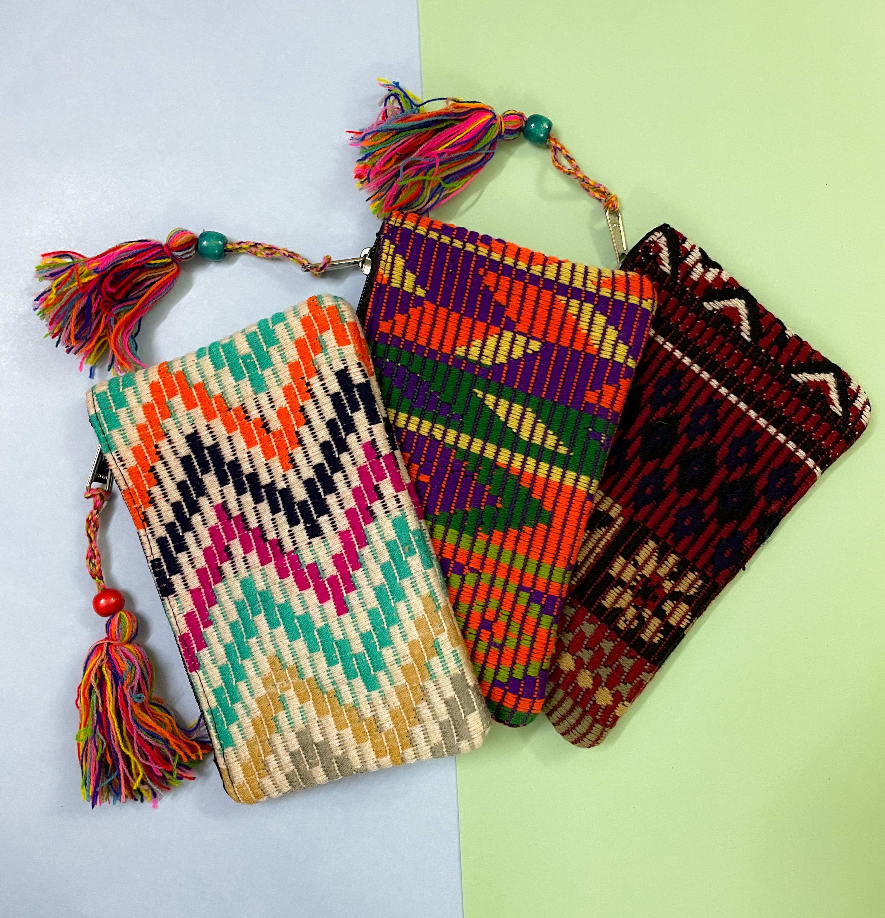 Handmade Hemp Pouches with Colorful Tassels – Assorted Patterns