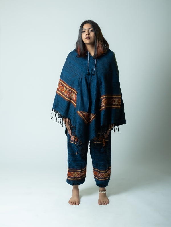 Handwoven Kullu Wool Poncho | Sea Blue with Ethnic Borders